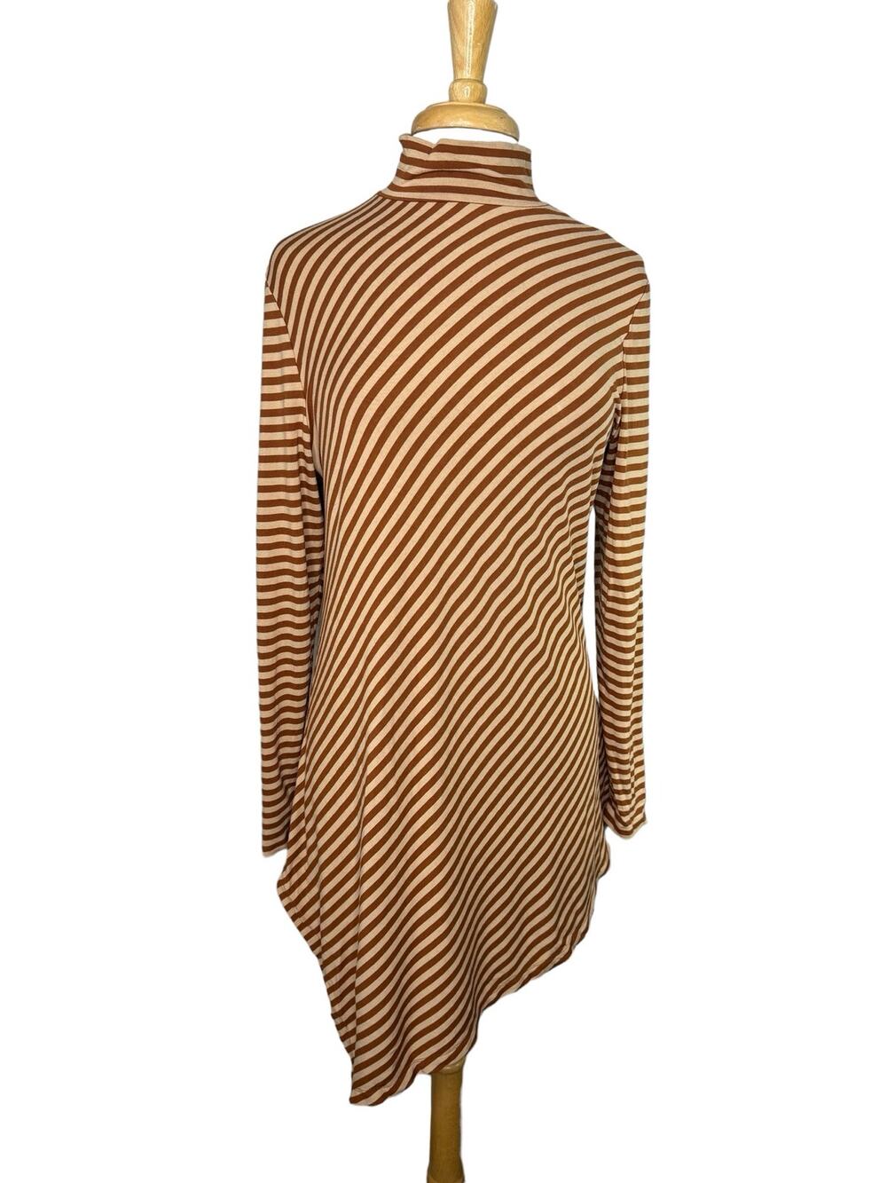 CHICOS Brown Tan Stripe High Neck Rayon Blend Asymmetric Hem Tunic Top Large (2)